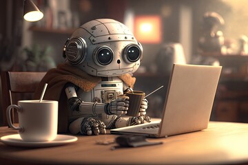 cute robot enjoying a cup of coffee in cozy cafe with laptop and books, created with generative ai