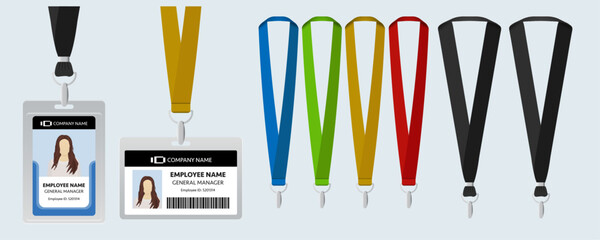 Blue, green, yellow and red ribbon lanyard design. Different lanyards with plastic labels. Place for branding design. Vector illustration of lanyard.