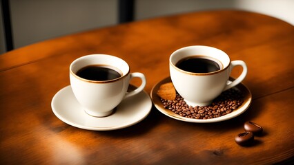 a cup of coffee and beans on wooden table