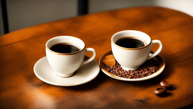 a cup of coffee and beans on wooden table