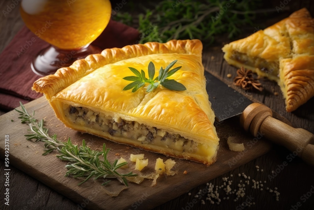 Sticker piece of festive appetizer in form of pastries with potato and meat tyrolean pie, created with gener