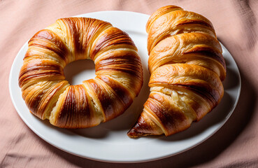 Photo of two homemade hot croissants on a white plate, Generative AI