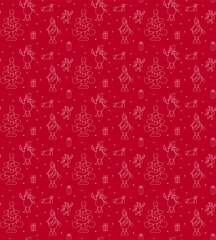 Seamless pattern from the family of snowmen, gifts, Christmas trees and snowflakes on a red background. Festive pattern for fabric, wrapping paper, childrens clothing. Vector illustration.
