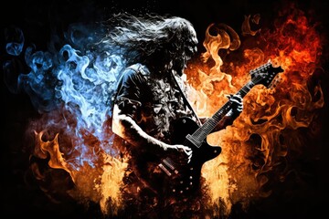 heavy metal guitarist, surrounded by smoke and flames, performing with full intensity, created with generative ai - obrazy, fototapety, plakaty