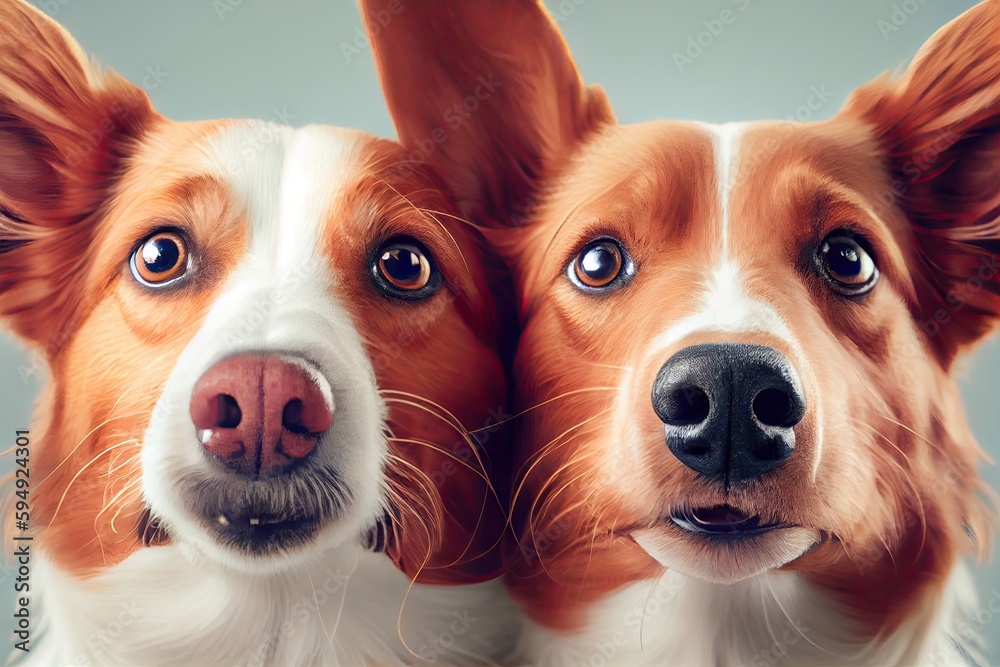 Sticker close-up of two cute dogs' faces, with their tongues hanging out and ears pressed close, created with generative ai