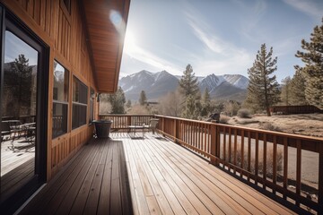 sunlit exterior deck with stunning view of the mountains, created with generative ai