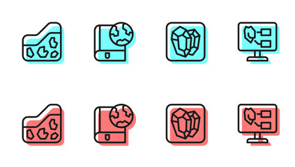 Set line Gem stone, Ground, Earth globe and book and Soil analysis icon. Vector