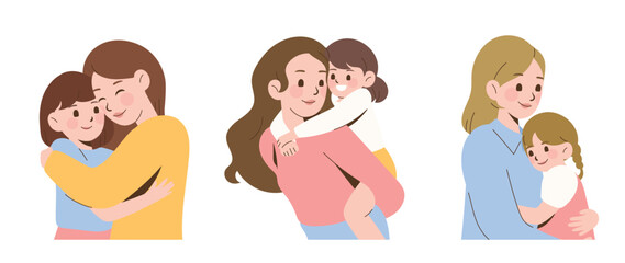 Happy Mother's day character design vector. Flat hand drawn style mom hugging daughter in her arm. Mother's day concept illustration design for decoration, greeting card, cover, print, banner