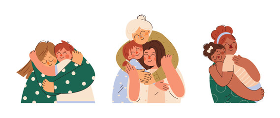 Happy Mother's day character design vector. Flat hand drawn style grandmother hugging children in her arm. Mother's day concept illustration design for decoration, greeting card, cover, print, banner