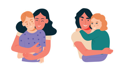 Happy Mother's day character design vector. Flat hand drawn style mom hugging daughter in her arm. Mother's day concept illustration design for decoration, greeting card, cover, print, banner