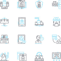 Online purchases linear icons set. Ecommerce, Shopping, Transactions, Checkout, Payments, Shipping, Feedback line vector and concept signs. Ratings,Reviews,Discounts outline illustrations