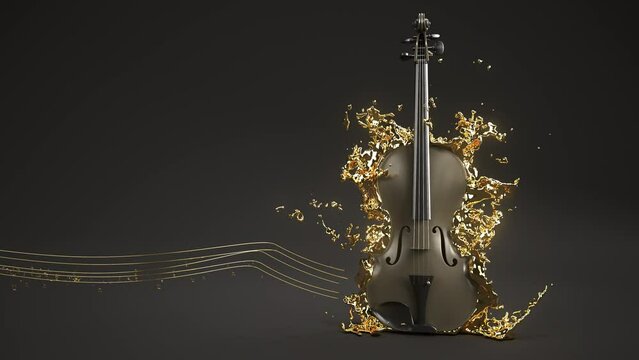4k Video Abstrake Violine mit fliegenden Musiknoten aus Gold. Prores 4444