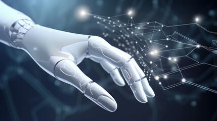 AI, Machine learning, Hands of robot and human touching on big data network connection background, Science and artificial intelligence technology, innovation and futuristic