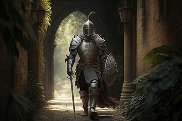 medieval scene with walking knight in armor and helmet, created with generative ai - obrazy, fototapety, plakaty