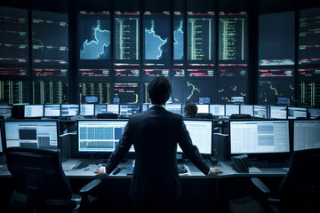 A Wall Street businessman in a sleek black suit stands on the trading floor