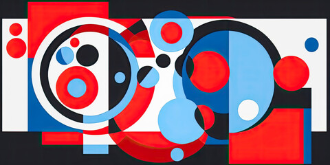 Abstract vector art in Bauhaus style with rectangles and circles in blue yellow and red colors - Generative AI