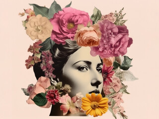 Collage with beautiful vintage female portrait and flowers. AI generated image.
