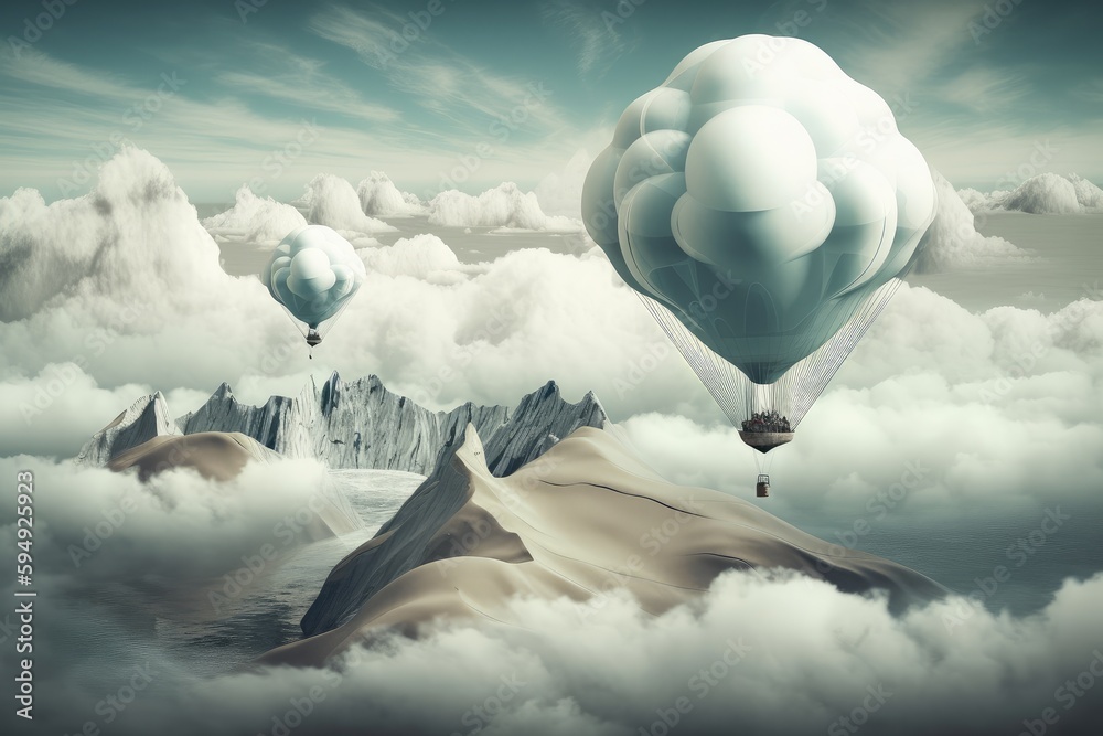 Wall mural surreal float landscape with surrealistic sky and clouds, floating past distant mountains, created with generative ai