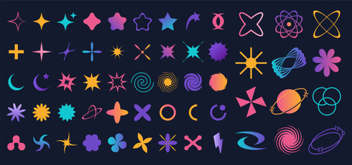 Set of brutalist abstract geometric shapes, bauhaus memphis geometric elements. Trendy minimalist basic figures, stars, lines, flowers, circles