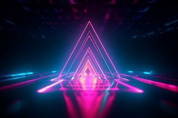 Fototapeta na wymiar 3d render, pink blue neon abstract background with glowing triangle, ultraviolet light, laser show, wall reflection, triangular shape. Generative AI