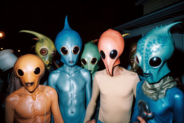 Photo in the style of the 1970s of a wild costume party where people are dressed up as aliens - generative AI