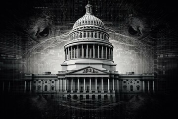 Government capitol building with evil looking face in the design representing big brother with government overreach.  Created with generative AI - obrazy, fototapety, plakaty