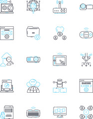 Resource pooling linear icons set. Collaboration, Aggregation, Optimization, Consolidation, Warehouse, Integration, Scalability line vector and concept signs. Sharing,Virtualization,Efficiency outline