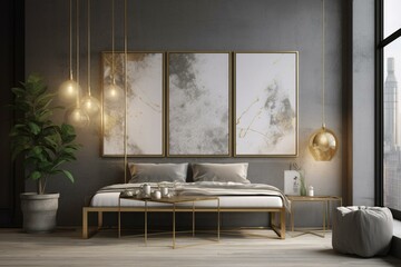 Mockup of a grey loft interior with paintings in a gold frame above, along with lamps and a plant. real picture. Generative AI