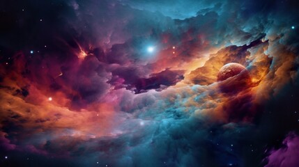 Fototapeta na wymiar Beautiful space background. Nebula blast. Multicolored space clouds. Space backdrop. Science fiction backdrop. Fantastic cosmic wallpaper. Generative AI illustration.