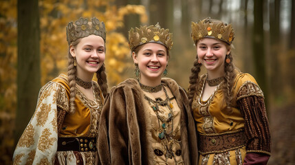 Group of Three Beautiful Young Teens Dressed in Costume at a Renaissance Fair, Generative AI