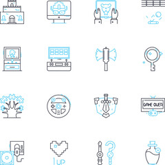 Amusement linear icons set. Thrill, Fun, Happiness, Adventure, Excitement, Laughter, Enjoyment line vector and concept signs. Entertainment,Joy,Playfulness outline illustrations