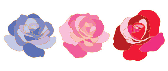 Luxury set of rose flower vector element. Collection of colorful rose, blue, purple, red, pink with line gold. Watercolor rose floral illustration design for logo, wedding, invitation, decor, print.