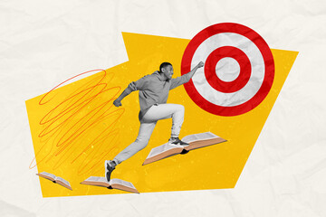 Magazine poster collage of confident persistent student want aim entry college university use book directing him to target