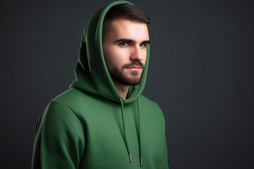 Young man in green hoodie on a gray background. AI