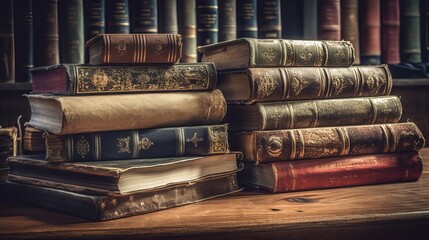 Old vintage library stack of antique books. AI generated