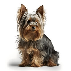 A Mature Yorkshire Terrier, White Background 01. AI generative.