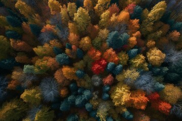 Naklejka na ściany i meble a view of a forest with lots of trees in the fall colors from above. Generative AI