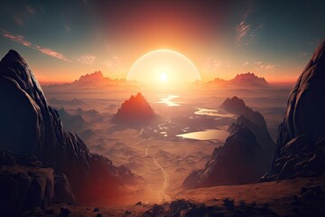 a wide-angle shot of the sun peeking over the horizon, illuminating a dramatic landscape of mountains and valleys., created with generative ai
