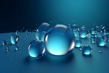3D cosmetic water droplets background, cells blue transparent jelly, beautiful little bubbles with transparency. Generative AI