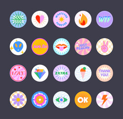 Bundle of insta highlights covers in 90s style.Fun cute patches and stickers.Modern IG icons or symbols in y2k aesthetic with text.Trendy groovy designs for social media marketing.