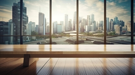 Fototapeta na wymiar Wood table top on blur glass window wall building background