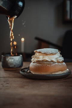 Traditional semla bun on plate