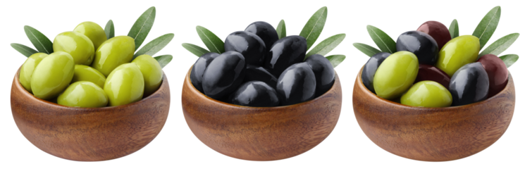 Collection of wooden bowls with olives, cut out
