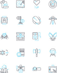 Game development sector linear icons set. Code, Graphics, Animation, Design, Framework, Debugging, Unity line vector and concept signs. Unreal,Gaming,Engine outline illustrations