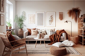 scandi-boho living room with minimalist furniture and warm, natural textures, created with generative ai