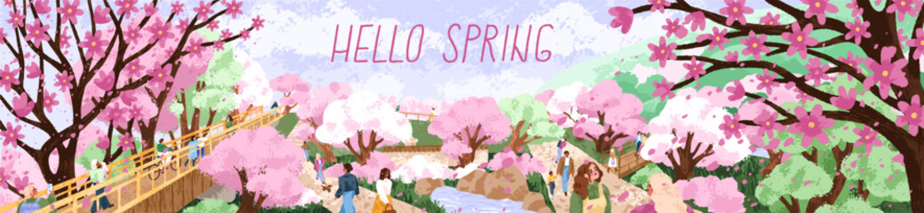 Cherry blossom in Japan park, landscape banner. Blossomed spring flowers with pink petals on trees, sakura blooms, Japanese floral plant, people at springtime season, Hanami. Flat vector illustration