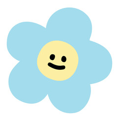 Illustration of happy pastel blue flower for spring and summer, floral print, sticker, plants, tree, picnic, nature, garden, backyard, cute patches, shirt print, plush toy, cartoon character, emoji