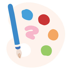 Illustration of water colours and brush for back to school, decoration, learning material, art subject, leisure, hobby, activity, sticker, drawing, painting, cute patches, shirt print, social media