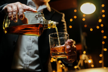 Bartender Serve Whiskey, on wood bar, 