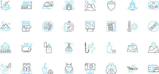Beach getaways linear icons set. Sand, Waves, Sun, Relaxation, Ocean, Shoreline, Seagulls line vector and concept signs. Surf,Vacations,Tides outline illustrations